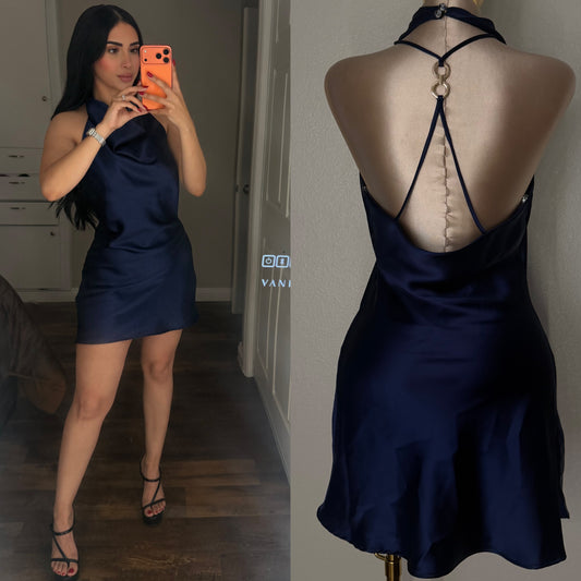 Midnight Satin Open-Back Dress